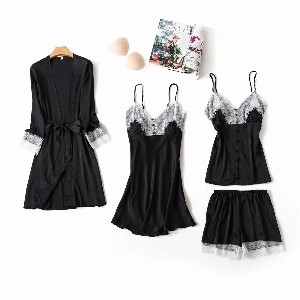 Daeyard шелковые пижамы из 4 частей, женские пижамы, сексуальная кружевная Домашняя одежда, пижамный комплект, домашняя одежда для женщин, пижамы, костюмы