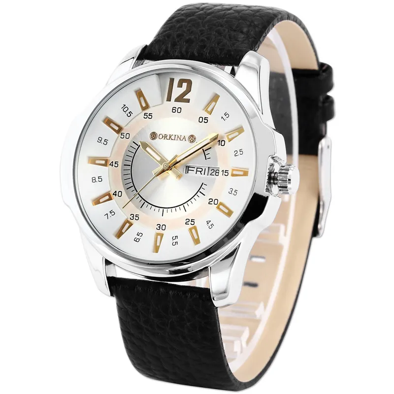 Мг. Мужские кварцевые часы ORKINA черный мягкий кожаный ремешок из нержавеющей