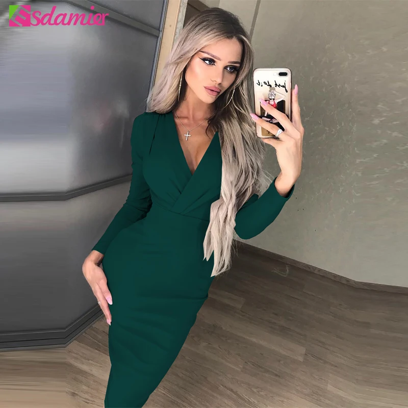 Женское облегающее платье ESDAMIER офисное элегантное до колена с v образным вырезом