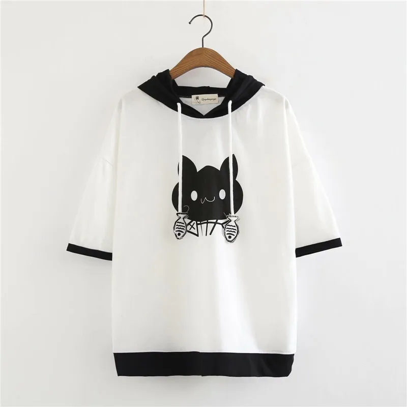 Белый Merry Pretty футболка Женская harajuku японский стиль милый Кот патч с капюшоном Хлопок Футболка короткий рукав Повседневная Черная футболка - Цвет: Белый