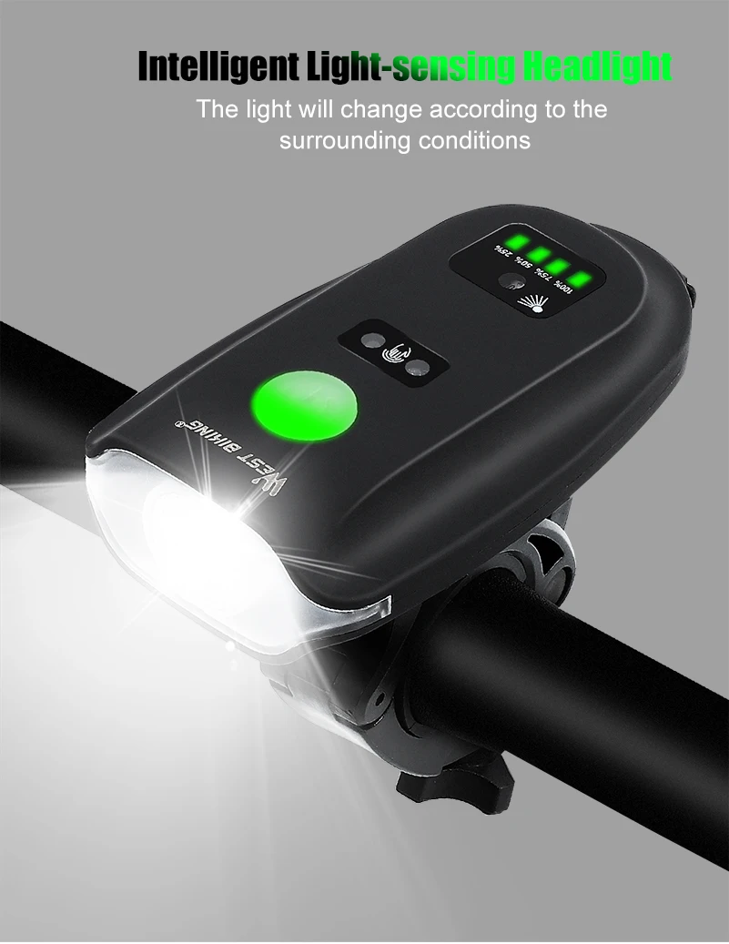 WEST BIKING, usb зарядка, велосипедный флэш-светильник, 350 люмен, интеллектуальный сенсорный передний светильник, 5 моделей, велосипедный водонепроницаемый головной светильник для велосипеда
