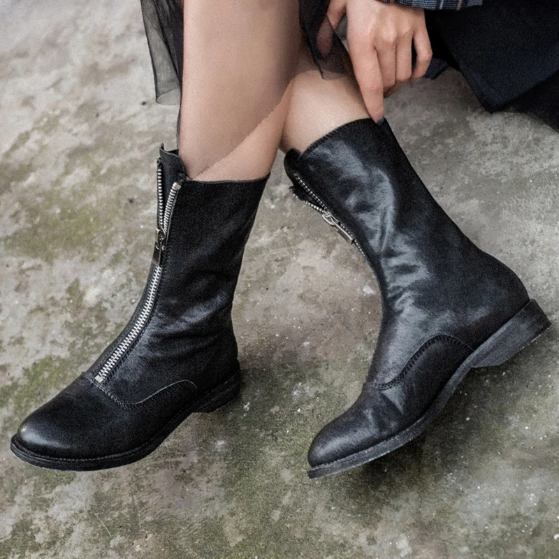 SIMLOVEYO/Zapatos de mujer; женские ботинки до середины икры; обувь на плоской подошве с круглым носком в стиле ретро; стильная ковбойская обувь на молнии; Цвет черный, белый, винный; Botas mujer; распродажа