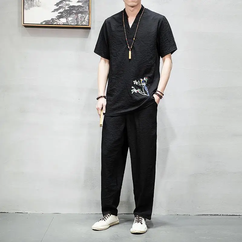 

M-3XL Bird Embroidery V-Neck Vintage Tracksuit Men Casual Workout Streetwear T Shirt + Pants Summer Two Piece Set Man Clothing