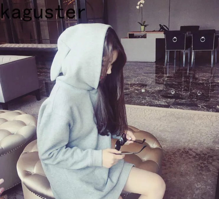 Женские толстовки с капюшоном и заячьими ушками кавайного цвета средней длинной