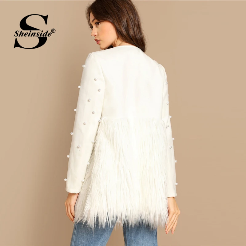 Sheinside Женское пальто с белым жемчугом, осенняя куртка, элегантная женская верхняя одежда, женская модная Лоскутная куртка из искусственного меха