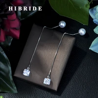 hibride new 2017 women drop earrings long chain pearl earrings aaa zirconia pendant earrings for gifts e 04