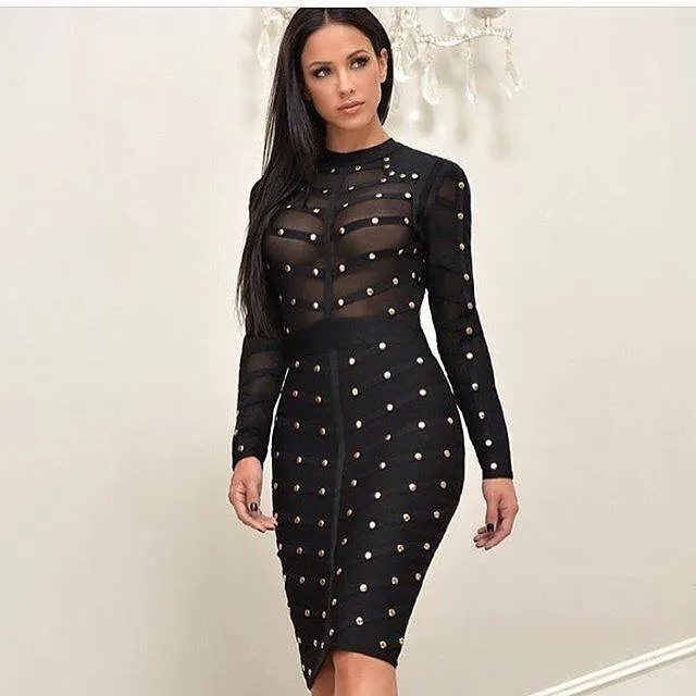 Gosexy 2019 женское Сетчатое Бандажное платье с длинным рукавом и бусинами до колена