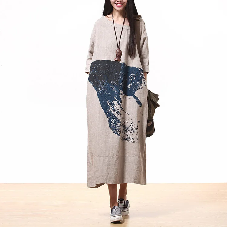 Повседневное простое длинное платье макси с длинными рукавами винтажное