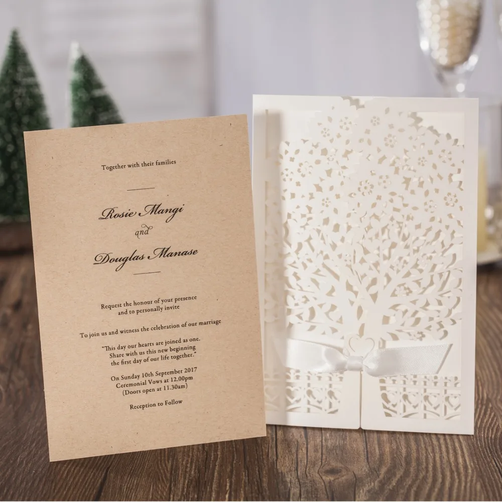 50 шт. Кот лазерная резка свадебные Приглашения карты с деревом и бантом Дизайн