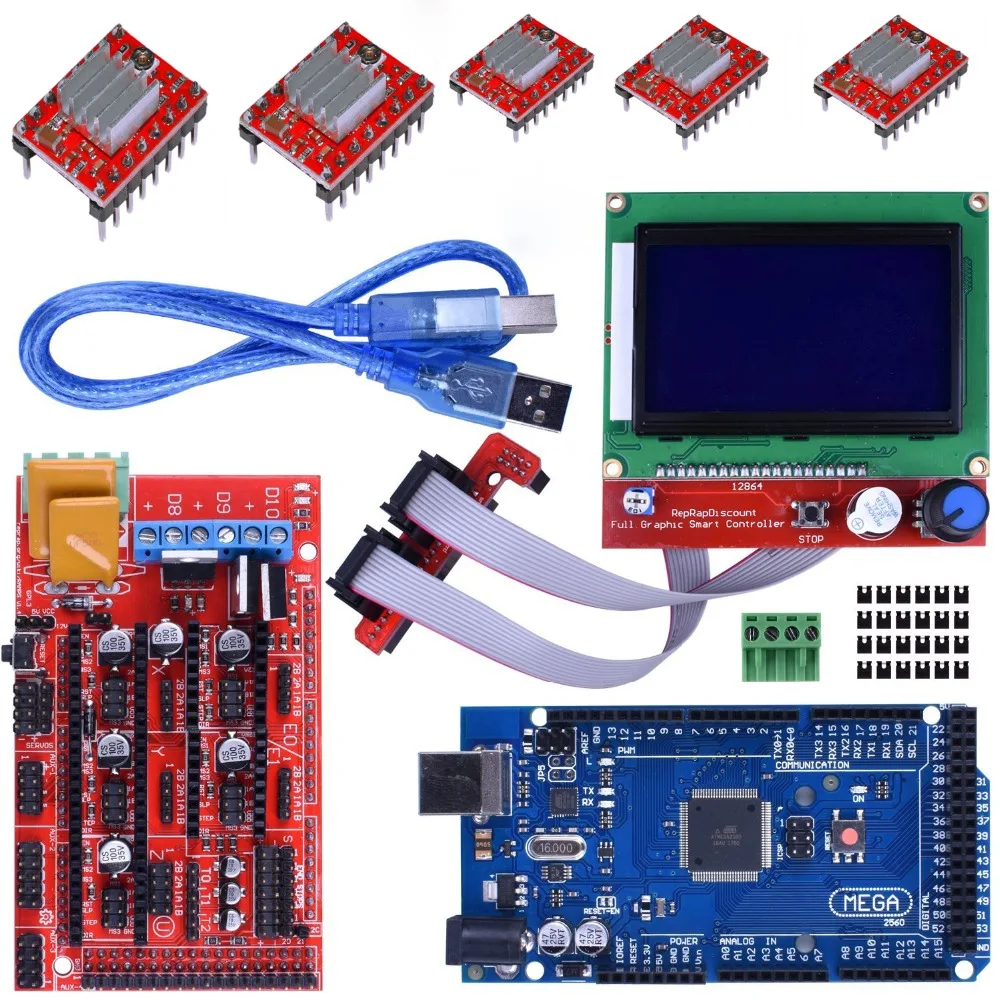Плата R3 REV3 Mega 2560 контроллер RAMPS 1 4 ЖК дисплей 12864 шаговый двигатель A4988 5 шт.