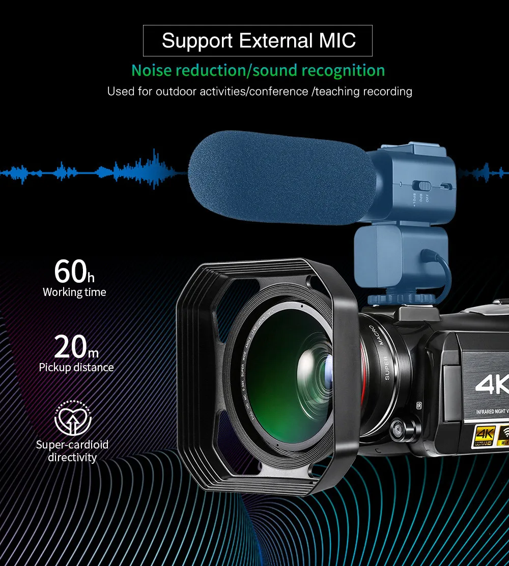 ORDRO AC3 4K Ultra HD 60FPS видеокамера с Wifi внешним микрофоном широкоугольный объектив и