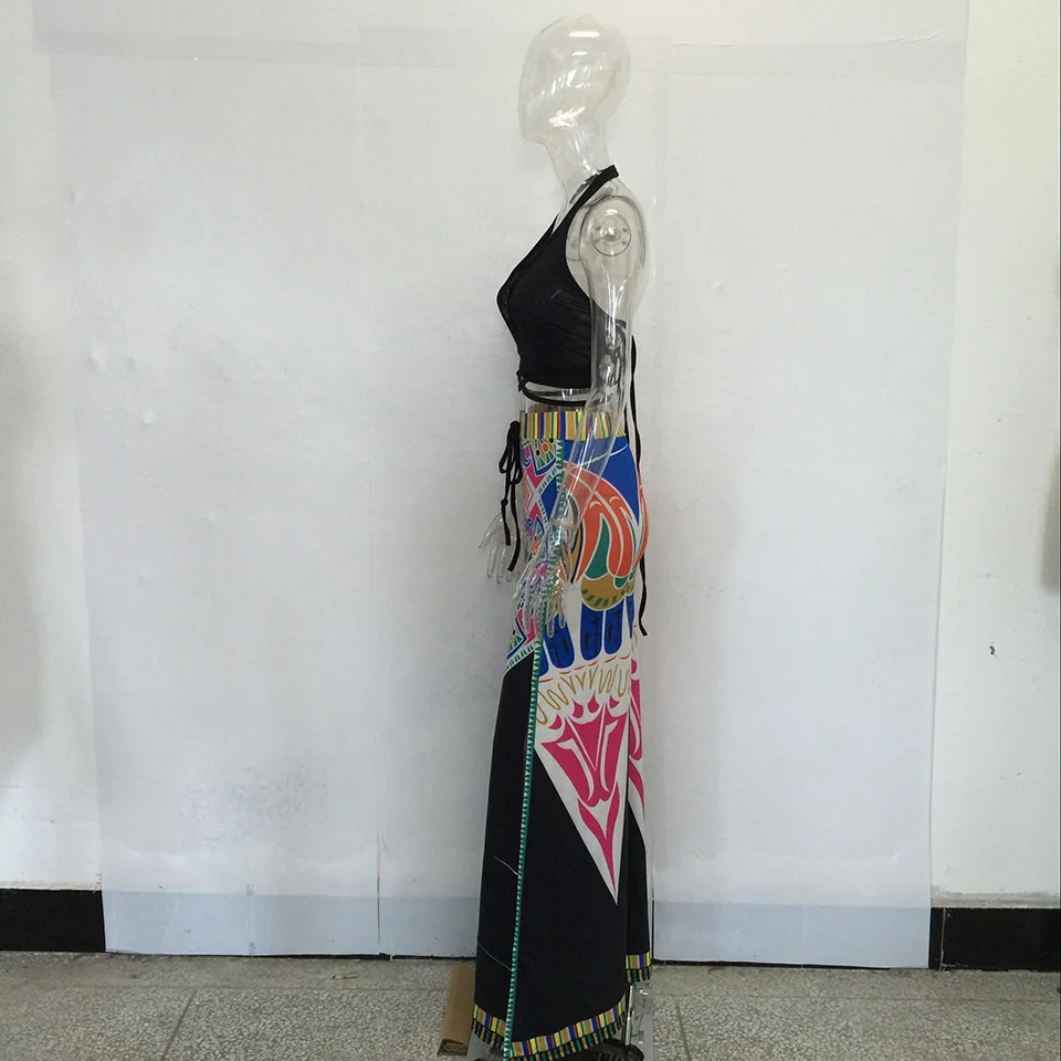 HongMiao 2018 сбоку Разделение без рукавов платья с принтом многоцветный Boho Костюмы