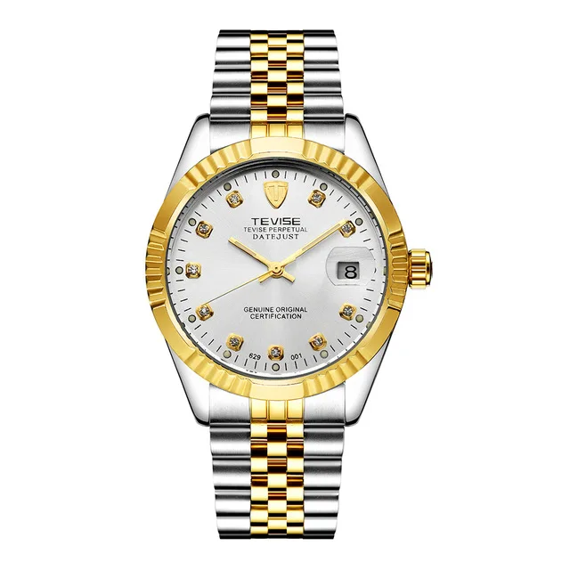 Gold White Tevise Роскошные Брендовые мужские механические часы с автоматическим самоперемещением Мужские t полностью стальные турбийон золотые автоматические наручные часы с датой для мужчин s - Цвет: Gold White