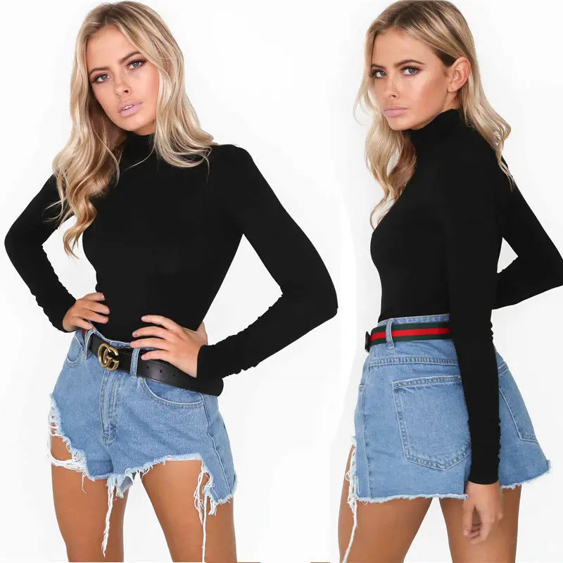 Женский эластичный боди с длинным рукавом облегающий однотонный высоким воротом