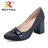royyna new fashion style women pumps canvas feminimo dress shoes high square heels lady wedding shoes light fast free shipping