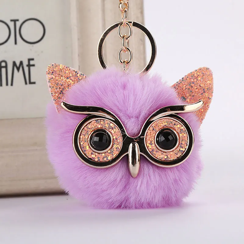 

12Colors Women Fluffy Fur Glitter Sequins Key Chains Glasses Owl HandBag Pendant Charm Pompom Ball Keychain Key Ring