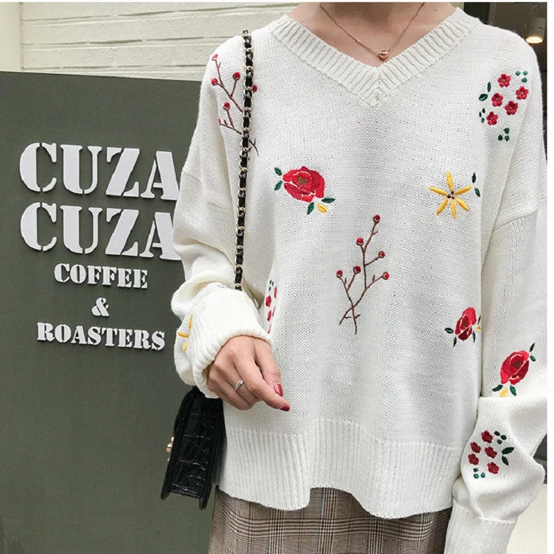2018 Новый Harajuku Элегантный Модный каваи цветочный пуловер с вышивкой Женские