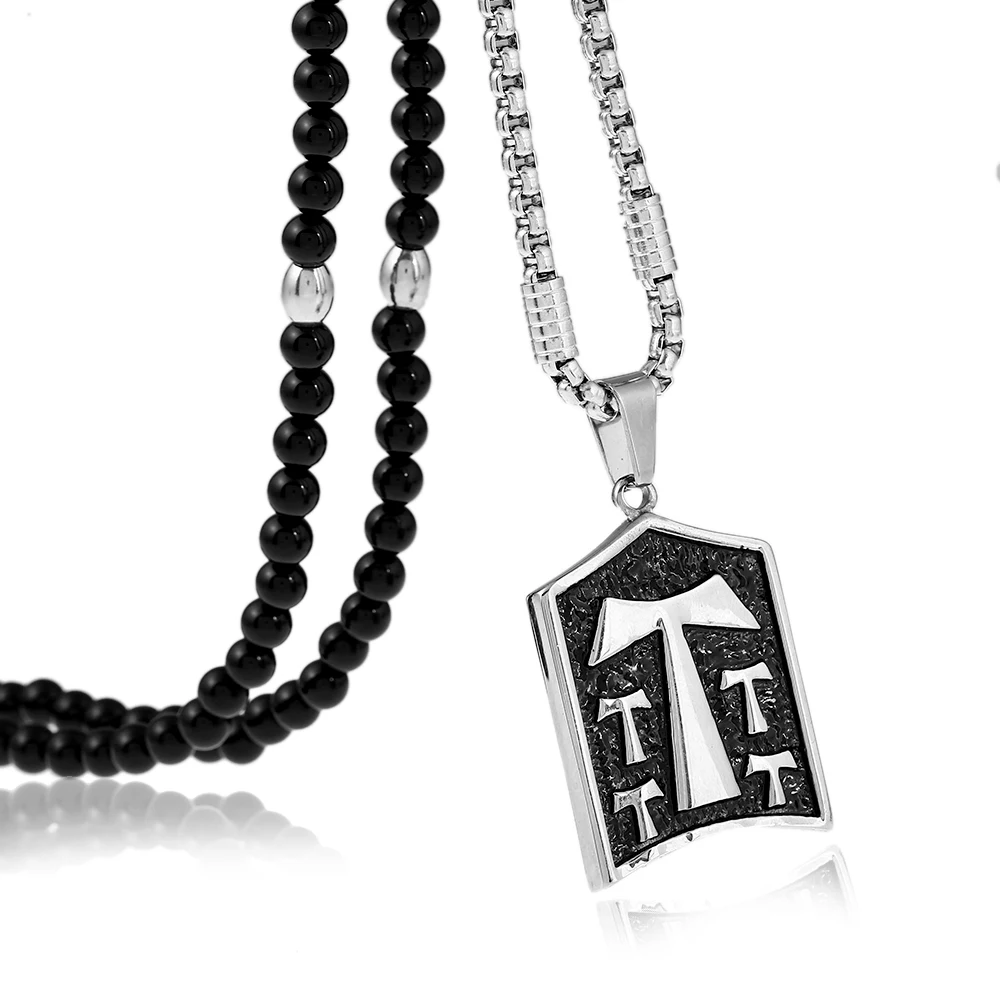 Men Stainless Steel Franciscan T Crucifix Pendant Necklaces with Black Natural Stone Chain Necklace 26&quot | Украшения и