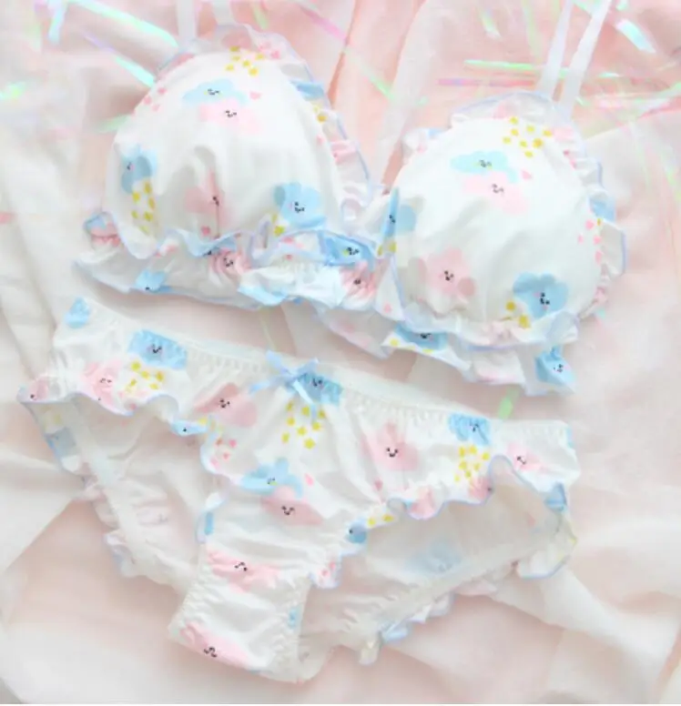 Синий Kawaii сладкий принцесса Лолита розовый Сакура/улыбающиеся облака милый японский бюстгальтер+ трусики набор беспроводной мягкое нижнее белье Наборы для сна - Цвет: Синий