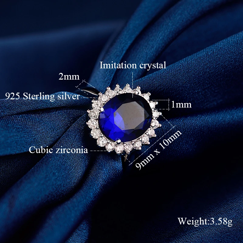 

Luxury Blue Stone 9*10mm Princess Rings Genuine 925 Sterling Silver Crystal Rings For Women Wedding Jewelry