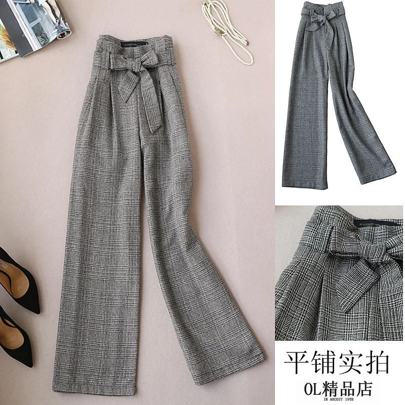 

Autumn large size women's spring new wild belt high waist woolen plaid pants autumn and winter straight wide leg pants trousers
