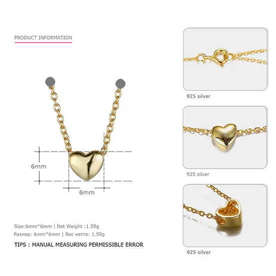 Gold Tardoo Сердце 925 серебро колье Цепочки и ожерелья позолоченные простой и романтический Ювелирные украшения подарок на День святого Валентина для Для женщин - Цвет камня: Gold