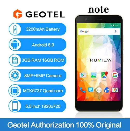 Оригинальный geotel Note 4 г LTE мобильный телефон 5.5 дюймов HD 3 ГБ Оперативная память 16