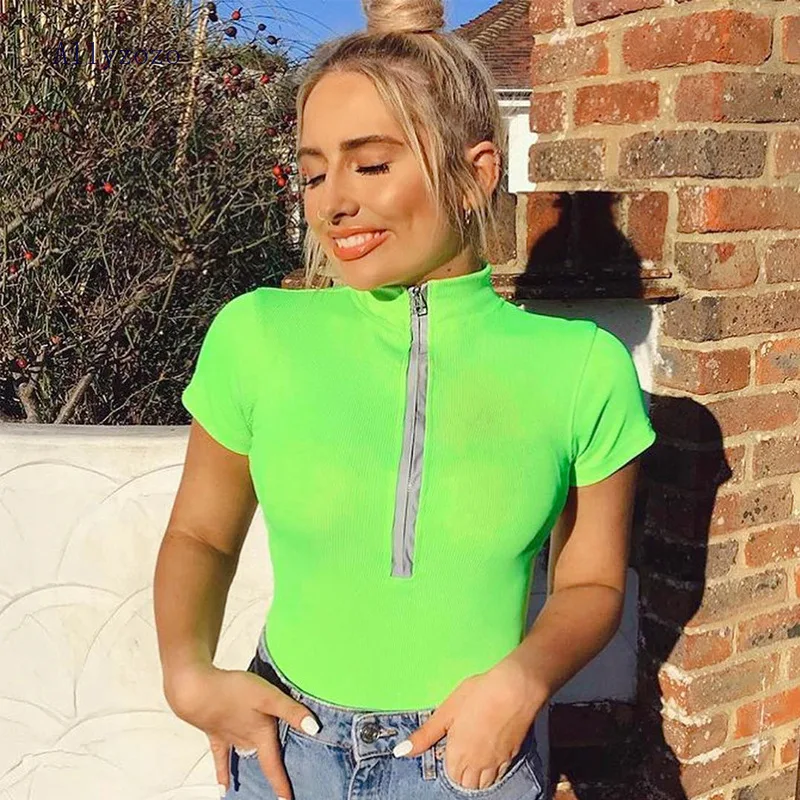 High Street Sexy Reflective Zipper Down Green Bodysuits for Women Sheath Rompers playsuits | Женская одежда