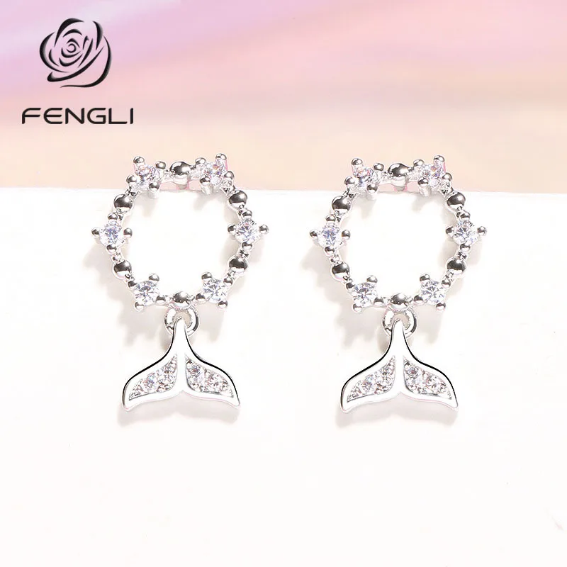 FENGLI Korean Fashion Silver Drop Earring Cute Whale Tail Crystal Earrings Women's Clothing Accessories boucle d'oreille bijoux |