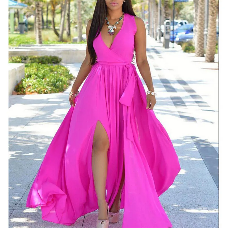 Women Boho Solid Long Maxi Dress Sexy V Neck Sleeveless Beach Vestido Side Split Elegant Party Loose Summer Sundress | Женская одежда