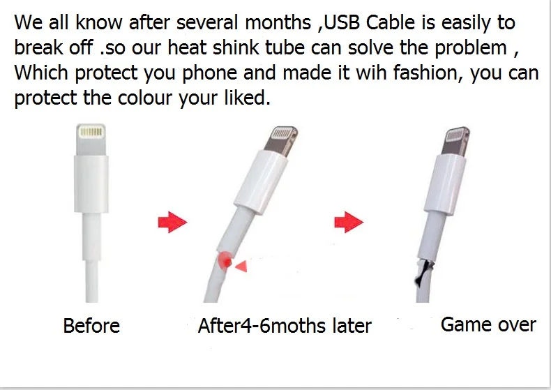 Термоусадочная трубка для iPad iPhone 5, 6, 7, 8, USB кабель для зарядки и передачи данных, черный/красный/желтый/зеленый/синий/белый, 60 шт., 7 цветов