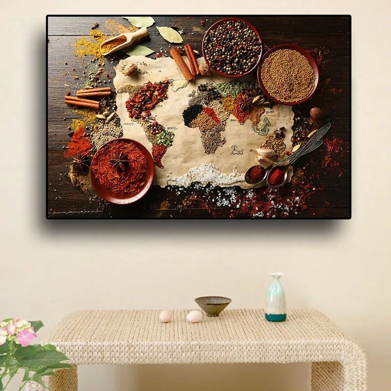 

Grains Spices World Map Kitchen Canvas Painting Cuadros Scandinavian Posters and Prints Chili Food Wall Art Picture Living Room