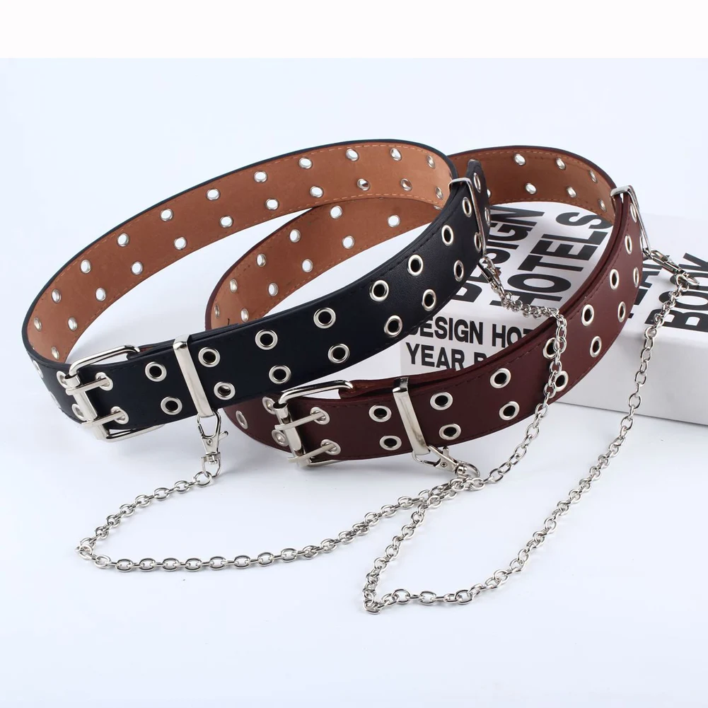

Women Punk Chain Fashion Belt Adjustable Black Double/Single Eyelet Grommet Leather Buckle Belt