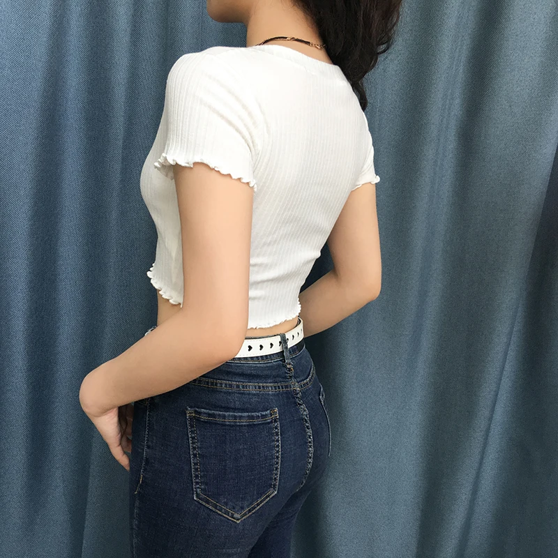 

sexy knitted t shirts Women's Clothing Slim fit v-neck white woman tops summer style club crop top Low-cut tees fashion new