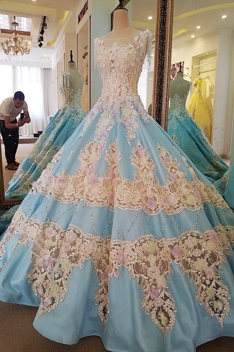Gorgeous Appliques Chapel Train Arabic Blue Satin Wedding Dress Vestido Beaded Crystal Scoop Neck 2017 Bridal Gown Real Photos | Свадьбы и