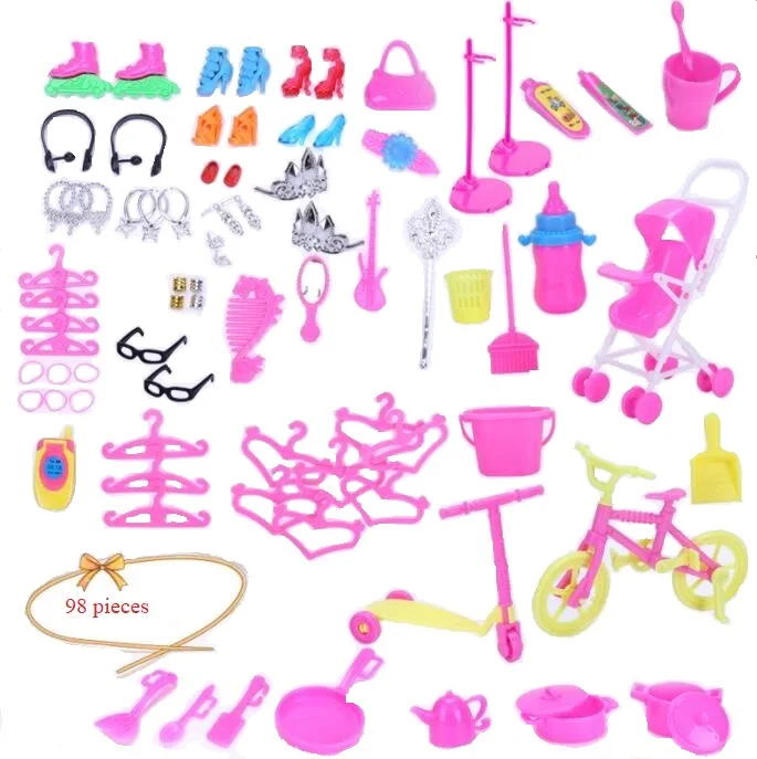 1шт. Пластиковый велосипед + 1шт. Детская тележка + 6 пар обуви для Барби + 7 предметов кухонной утвари в подарок для девочек.