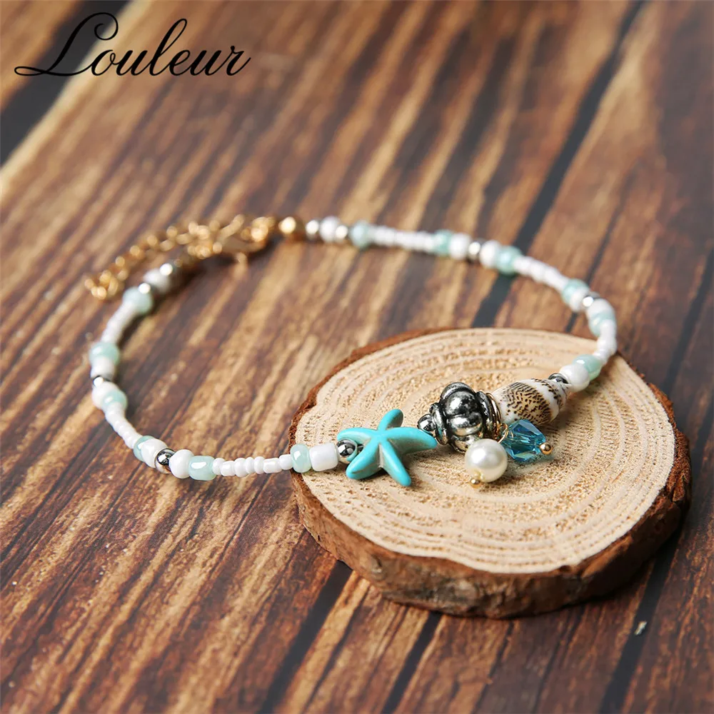 Louleur Bohemian Style Starfish Shell Beach Beads Anklet Conch Bracelet Summer Men and Women Foot Accessories | Украшения и