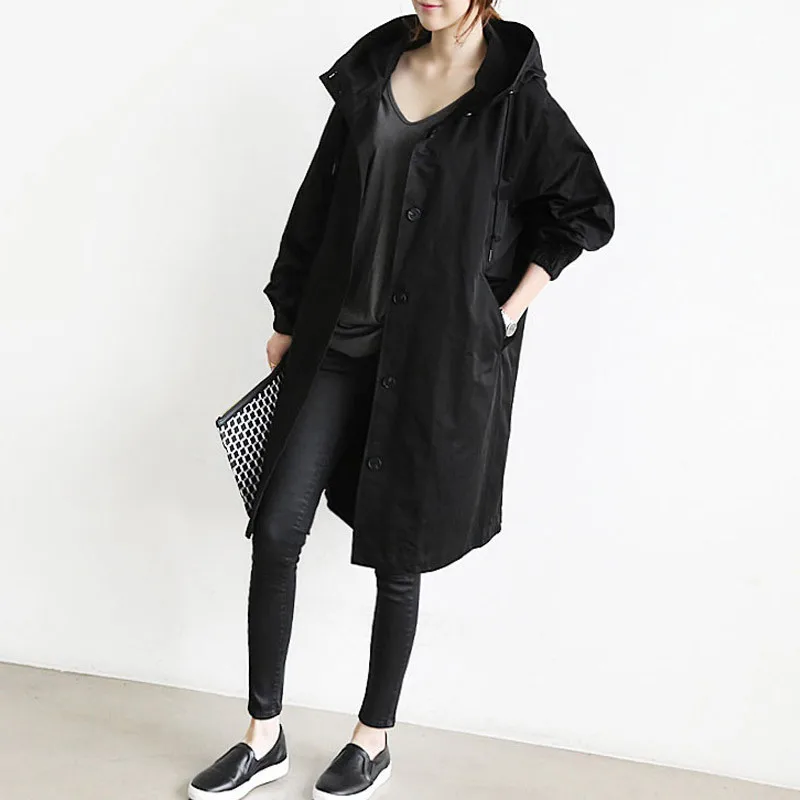 

2019 Autumn Trench Coat For Women New Spring Single-breasted Casual Long Overcoat Hooded Windbreaker Female Elegant Outwear R759
