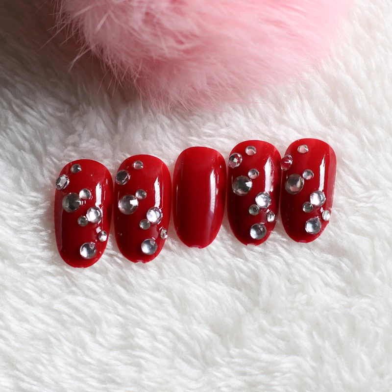 

2020 The latest popular full diamond crystal diamond round head candy color fake nails sexy red M001