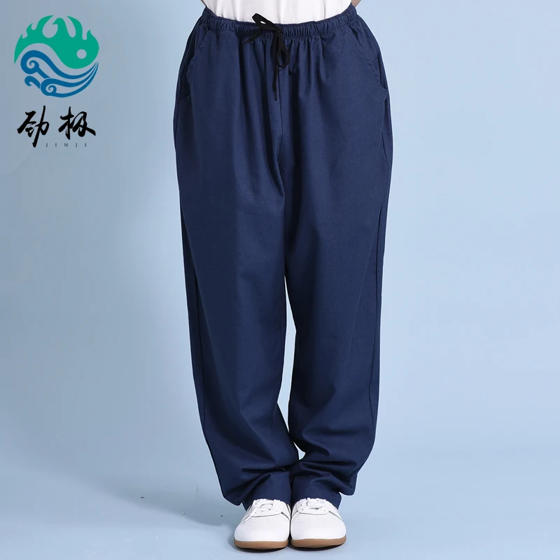 navy blue Льняные Хлопковые Штаны для боевых искусств на весну и осень Брюки Тай Чи с карманом - Цвет: navy blue