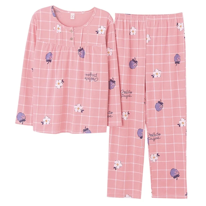 

Fresh fruit floral print pajama sets women full pure cotton long sleeve casual sleepwear women pyjama pijamas para mujer