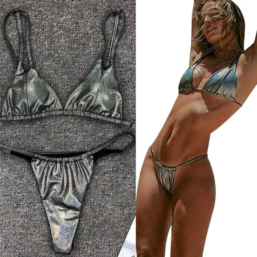 Women V Neck Adjustable Spaghetti Strap Bottom Yes Glitter Bikini Set Swimsuit Summer Fashion Beach Wire Free |