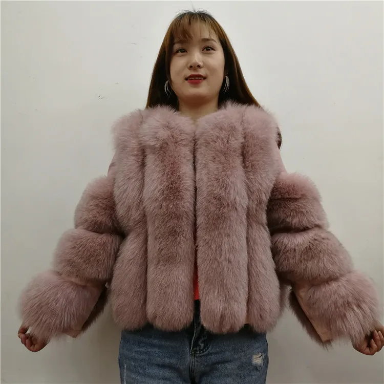 Dirty Pink Новинка, модная женская теплая шуба из натурального Лисьего меха, короткая зимняя куртка из натурального меха, верхняя одежда, роскошное пальто из натурального Лисьего меха для девочек - Цвет: Dirty Pink