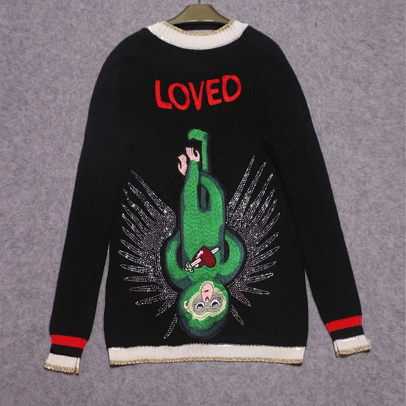 Winter Long knitted Cardigan Women Sweater Cashmere Embroidered Monkey Diamond Pearl Buttons 2018 Spring Black Jumper Knitwear |