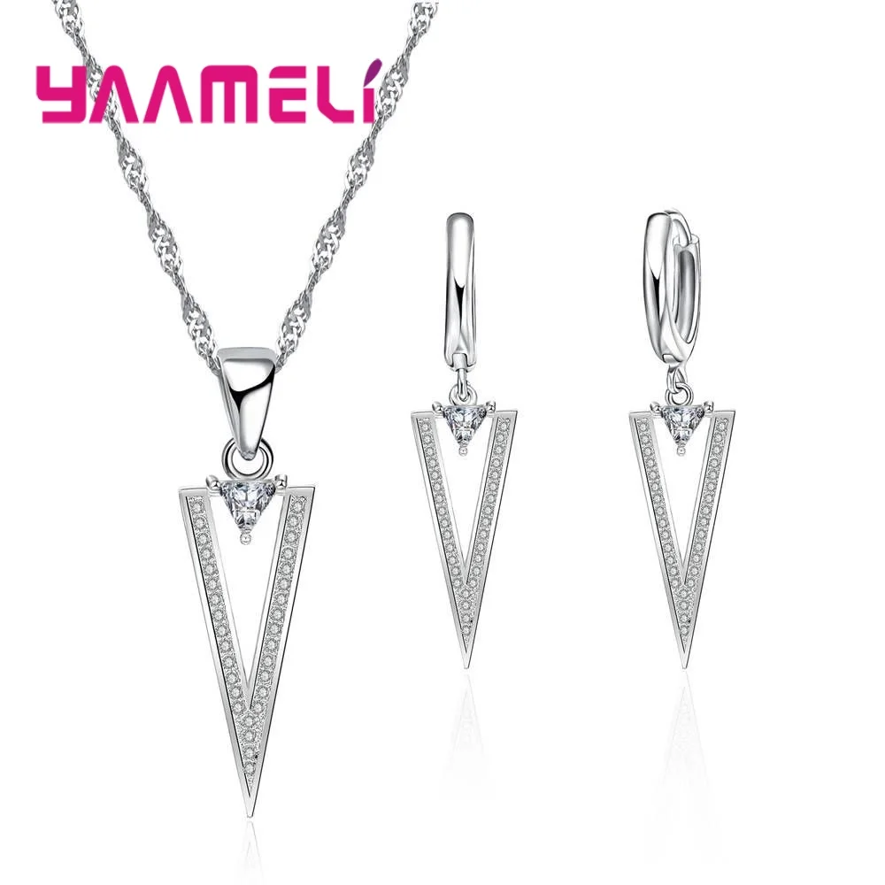 

Women 925 Sterling Silver Wedding Engagement Jewelry Sets With CZ Zircon Fashion Traingle Pendant Necklace Earring Set