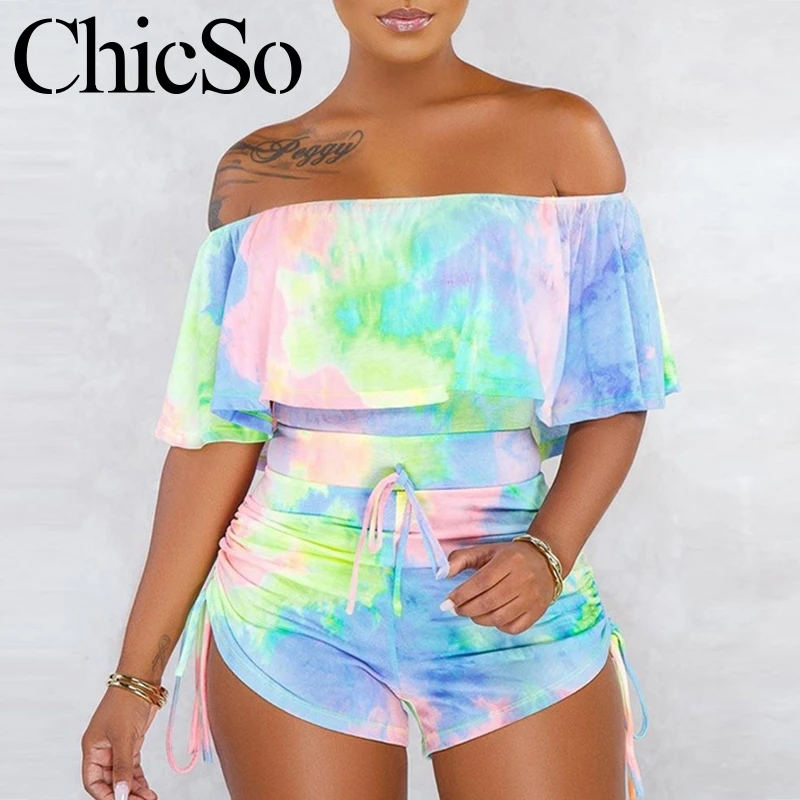 MissyChilli Tie dye pleated short jumpsuit women Bodycon elegant off shoulder romper summer Autumn sexy club streetwear playsuit |