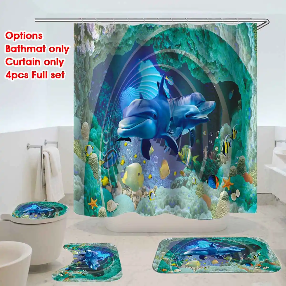 4PCS 180x180cm Waterproof Underwater World Dolphin Shower Curtain Floor Mat With 12 Hooks For Home Bathroom Tub Bathtub Decor