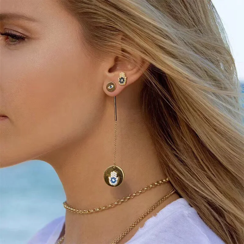 XF новые синие циркониевые счастливые глаза ручной серьги гвоздики JUIN S925 ушные