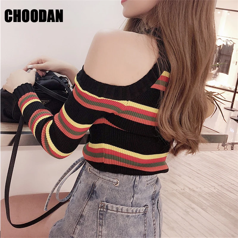 Knitting Sweater Women Sexy Off Shoulder Long Sleeve Autumn Winter Fashion 2018 New Striped Sweaters And Pullovers Fitness Shirt | Женская