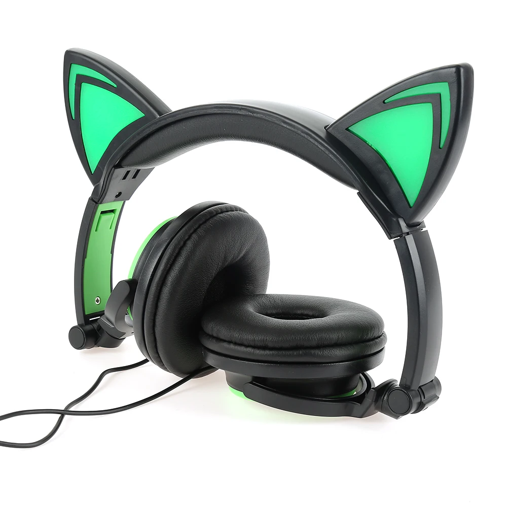 Складные мигающие светящиеся наушники с кошачьими ушками Проводная игровая